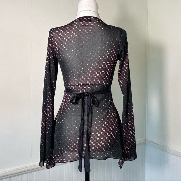 Hot Tempered Don’t Be Afraid Y2K B&W Pink Polka Dot Mesh Flare Long Slv Babydoll - Picture 4 of 8